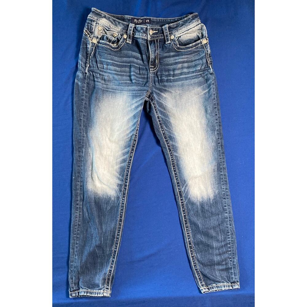 Miss Me Denim Blue Ankle Jeans 29 Mid Rise Skinny Pants Distressed Back Logo